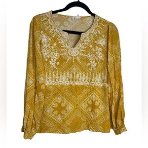 Savanna Jane Top Women's Yellow Embroidered Geometric Peasant Size Small
